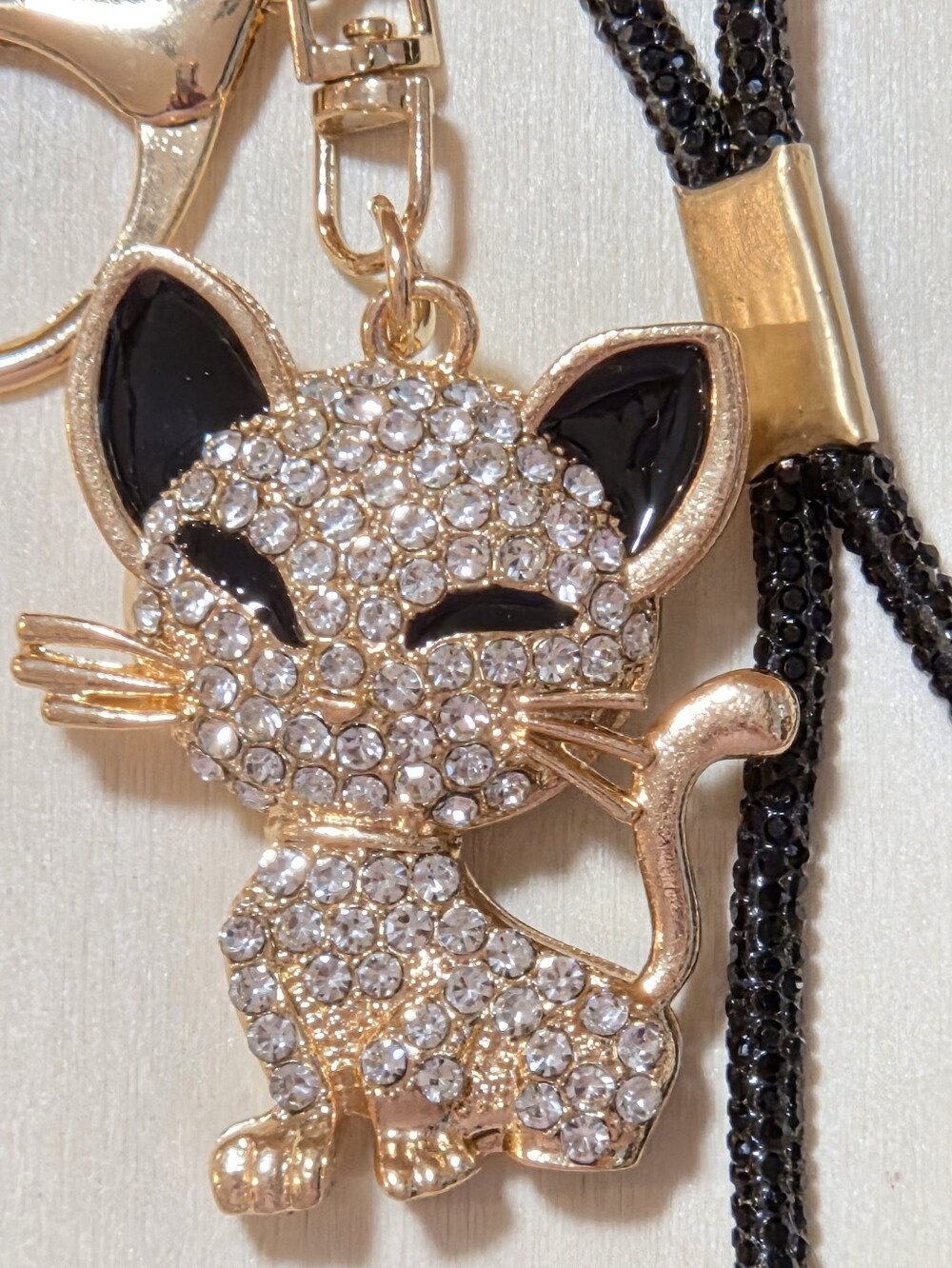 Crystal Encrusted Kitten Purse Charm Wristlet Lanyard Keychain Gold & Black - Picture 6 of 12